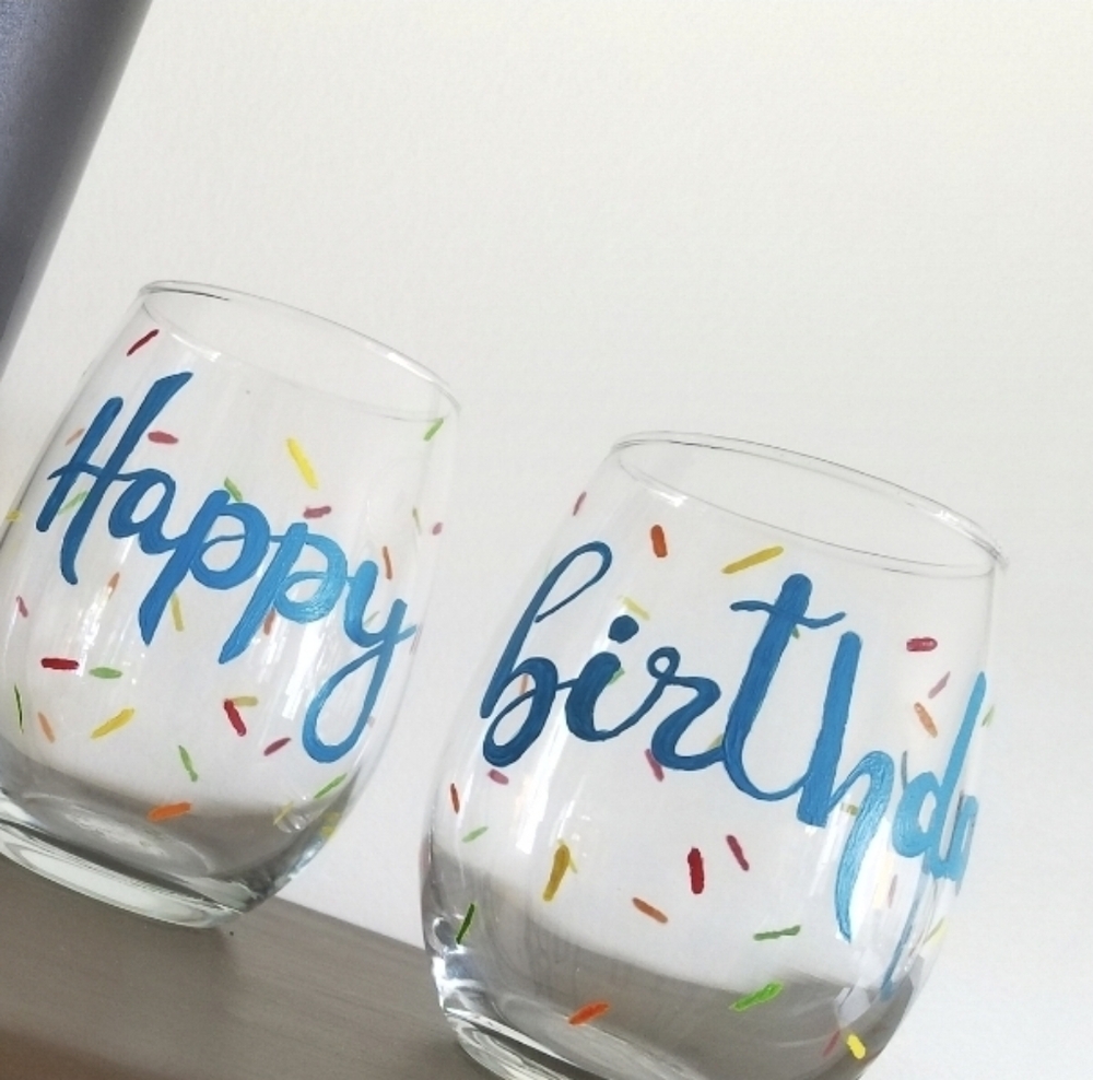 Colorful Birthday Wine Glasses Set Of 2 Hand Painted